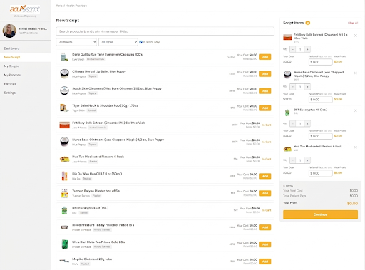 AcuScript virtual dispensary dashboard